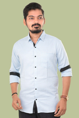 PUBHIZA Men Checkered Casual Light Blue Shirt