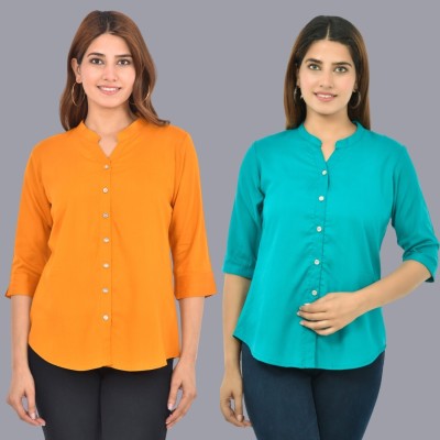 FABISHO Women Solid Casual Light Blue, Yellow Shirt(Pack of 2)