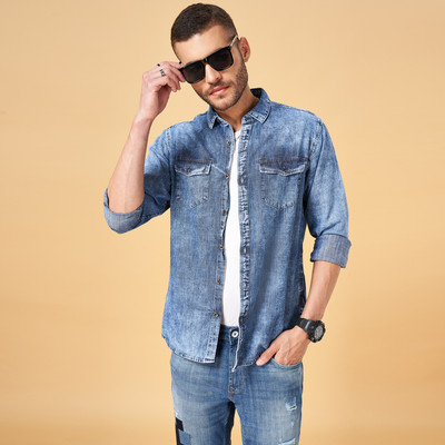 SF Jeans by Pantaloons Men Solid Casual Blue Shirt