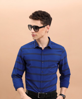 HIGHLANDER Men Striped Casual Dark Blue, Blue Shirt
