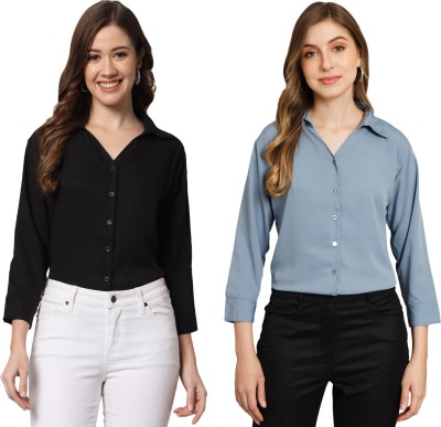 FUNDAY FASHION Women Solid Casual Black, Light Blue Shirt(Pack of 2)