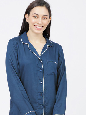 Tokyo Talkies Women Solid Casual Blue Shirt