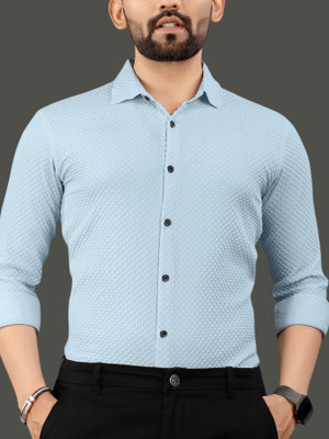 MILDIN Men Self Design Formal Light Blue Shirt