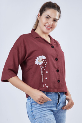 sikrifab Women Printed Casual Maroon Shirt