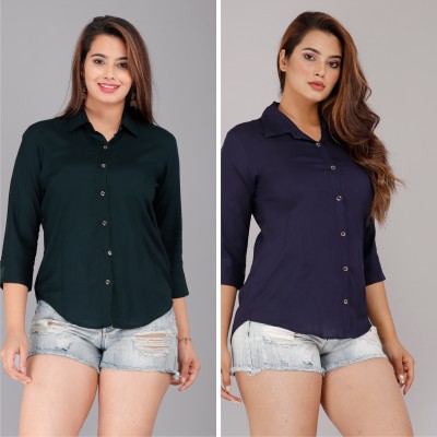 Munga Fashion Women Solid Casual Dark Green, Dark Blue Shirt