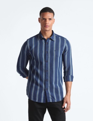 FLYING MACHINE Men Striped Casual Dark Blue, Light Blue, Yellow Shirt