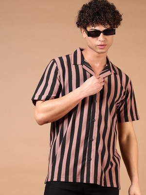 V-MART Men Striped Casual Pink, Black Shirt