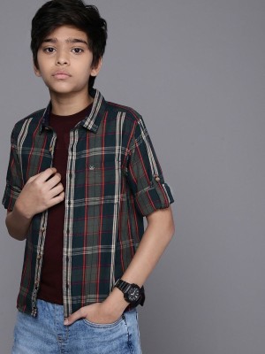 WROGN YOUTH Boys Checkered Casual Dark Blue Shirt