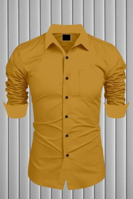 MUMIN Men Self Design Formal Yellow Shirt