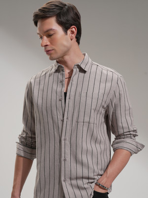 HIGHLANDER Men Striped Casual Grey, Black Shirt