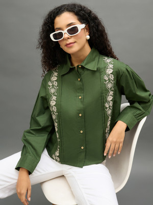 Club York Women Embroidered Casual Green Shirt