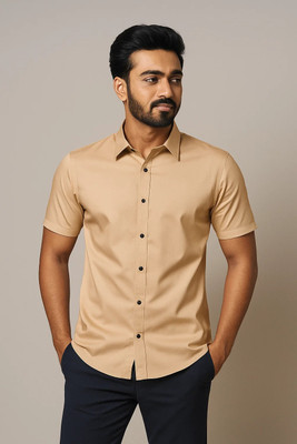 GOD HEART Men Solid Casual Beige Shirt