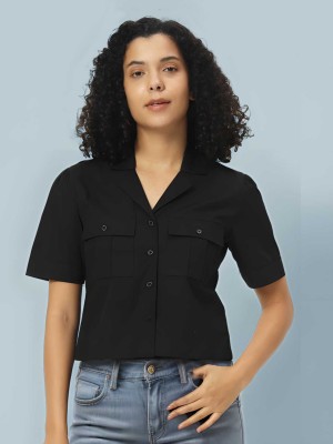 CHARMGAL Women Solid Casual Black Shirt