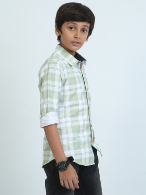 ROCKET SCIENCE Boys Checkered Casual Light Green Shirt
