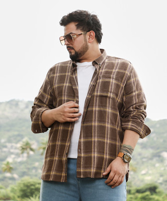Instafab Plus Men Checkered Casual Brown Shirt