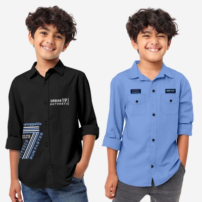 MBF66 Boys Printed Casual Black, Blue Shirt(Pack of 2)