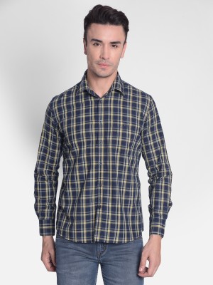 CRIMSOUNE CLUB Men Checkered Casual Yellow, Dark Blue Shirt