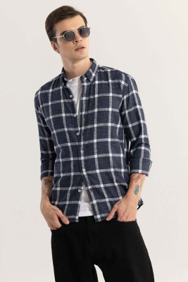 Snitch Men Checkered Casual Dark Blue, White Shirt