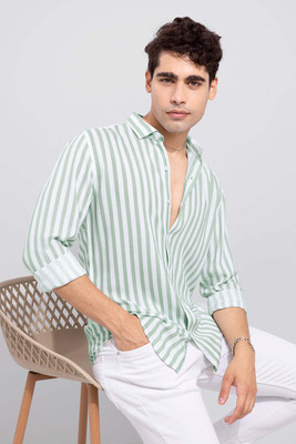 Jai Textiles Men Striped Casual Light Green, White Shirt