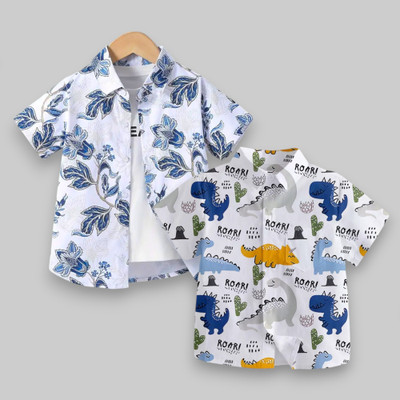 HELIFAB Boys Printed Casual White, Blue Shirt(Pack of 2)