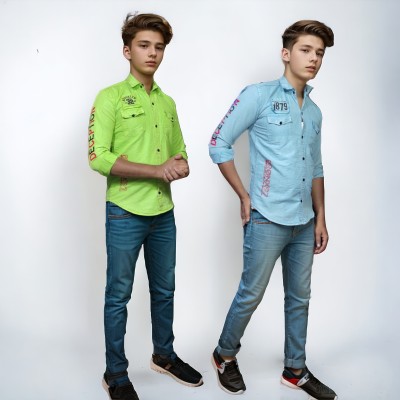 SHUKRAN Boys Printed Casual Green, Light Blue Shirt(Pack of 2)