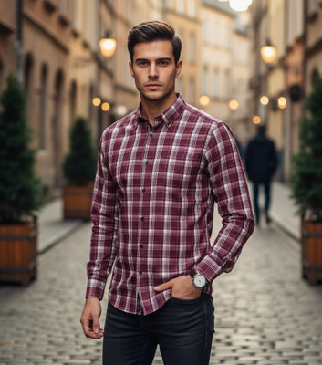 Bloviate Men Checkered Casual Maroon, White Shirt