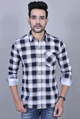 BlackLilly Men Checkered Casual White, Blue Shirt
