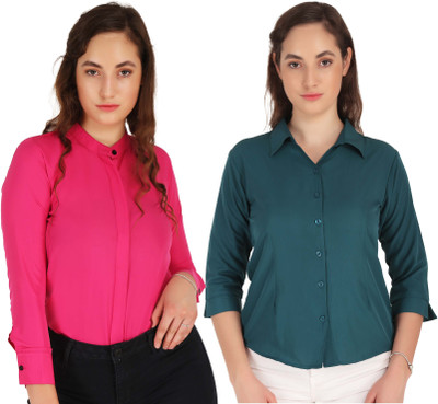 Mamnoon Women Solid Casual Light Green Shirt(Pack of 2)