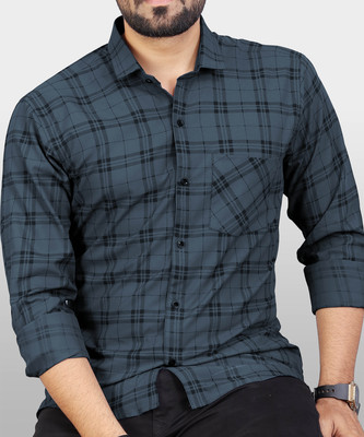 VeBNoR Men Checkered Casual Dark Blue Shirt