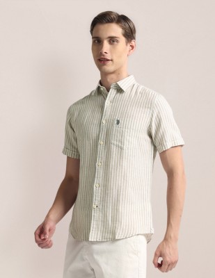 U.S. POLO ASSN. Men Striped Casual Beige, White Shirt