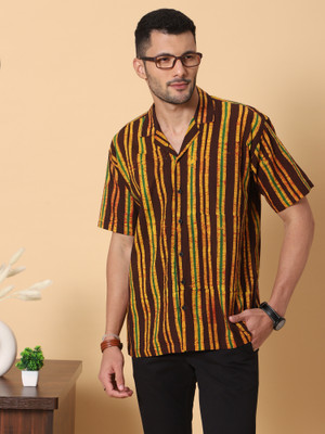 Moshi Men Striped Casual Brown, Yellow, Dark Green Shirt