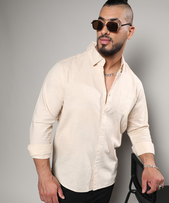 Instafab Plus Men Solid Casual Cream Shirt