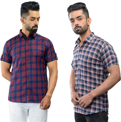 BASE 41 Men Checkered Casual Red, Blue Shirt(Pack of 2)
