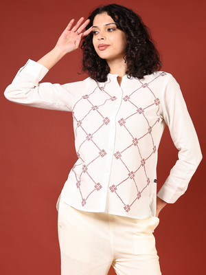 V-MART Women Embroidered Casual White Shirt