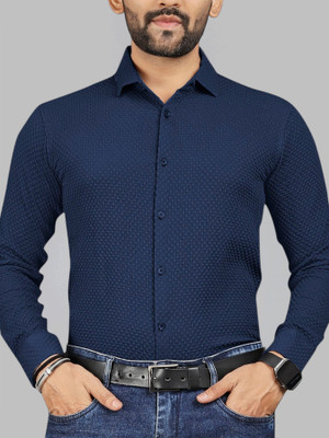 MILDIN Men Self Design Formal Dark Blue Shirt