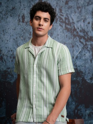 LOCOMOTIVE Men Striped Casual Green Shirt