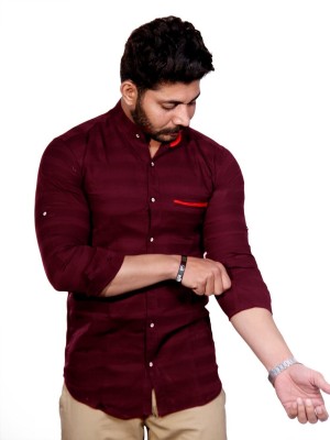 FUBAR Men Striped Casual Maroon Shirt