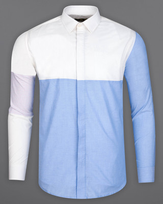 french crown Men Color Block Casual Blue Shirt