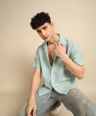 Voroxy Men Self Design Casual Green Shirt