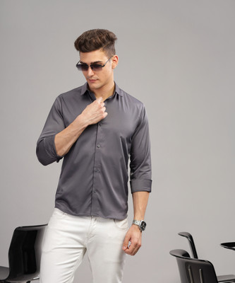 BS BLUE SQUAD Men Solid Casual Grey Shirt