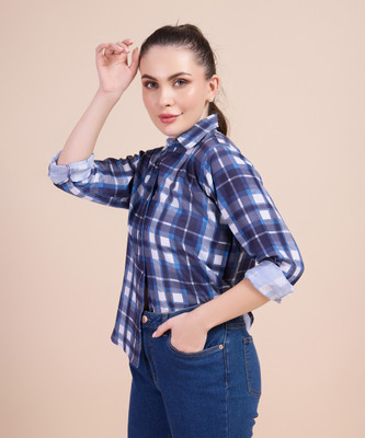 Harshiv Enterprise Women Checkered Casual Blue Shirt