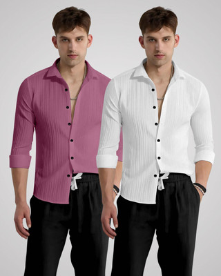 kruze Men Self Design Casual Pink, White Shirt(Pack of 2)