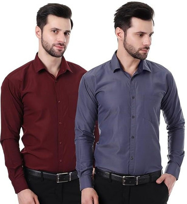 XJARVIS Men Solid Formal Maroon, Blue Shirt(Pack of 2)