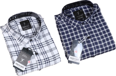 BLUE MARTIN Men Checkered Casual Dark Blue, White Shirt(Pack of 2)