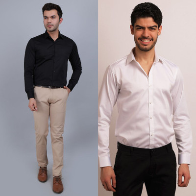 Mculine Men Solid Casual Black, White Shirt(Pack of 2)