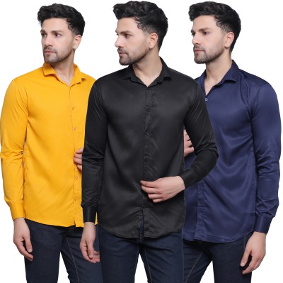 FILNECH Men Solid Casual Yellow, Black, Dark Blue Shirt(Pack of 3)