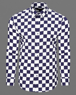 french crown Men Checkered Casual Blue, White Shirt