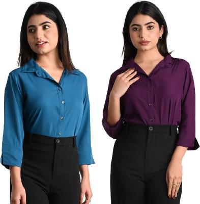 GM SARA Women Solid Formal Purple, Dark Blue Shirt(Pack of 2)