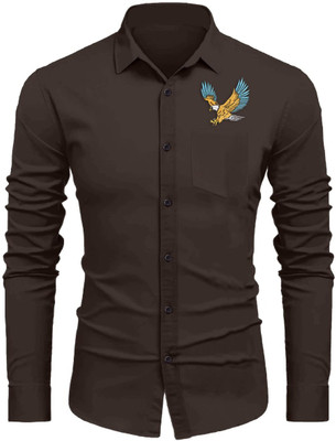 Crivion Men Embroidered Casual Brown Shirt