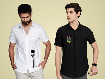 ASHIMA FAB TEX Men Solid Casual White, Black Shirt(Pack of 2)